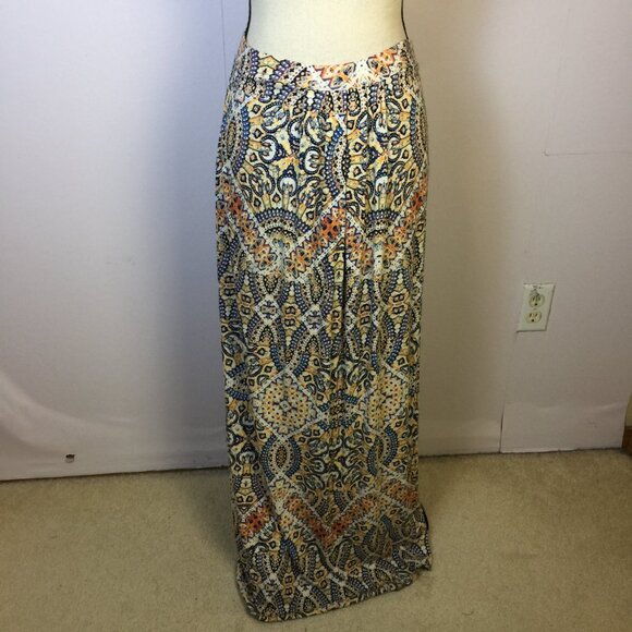 Cynthia Rowley Maxi Skirt Sz L Womans Blue Yellow Elastic Waist Pull-On Pleated - Picture 1 of 13